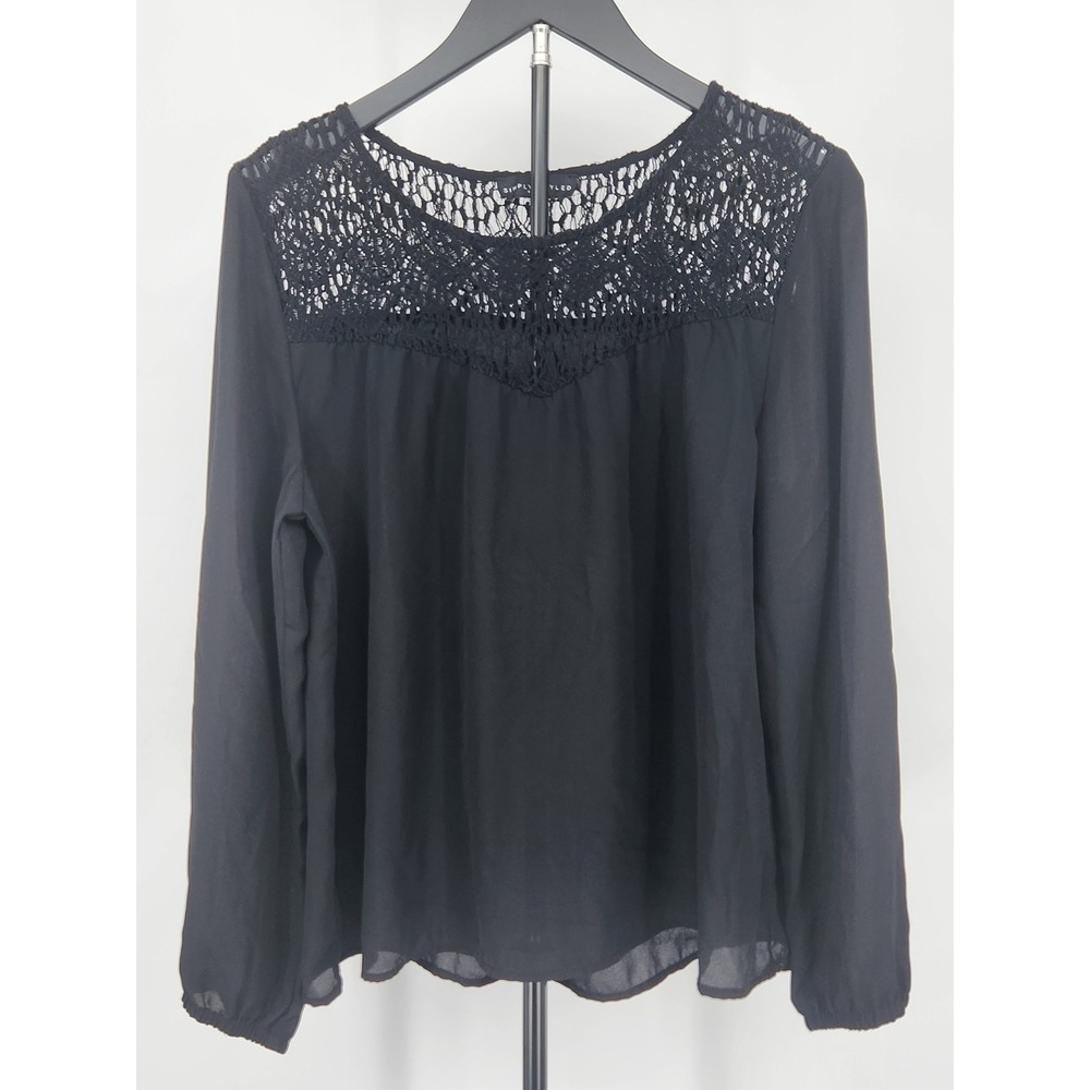 Simply Styled Sears Black Crochet Lace Yoke Long Sleeve Chiffon Blouse Top